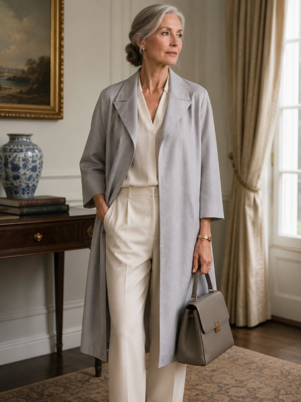 NWT Eileen Fisher open duster coat L silk silver A line light luxury capsule